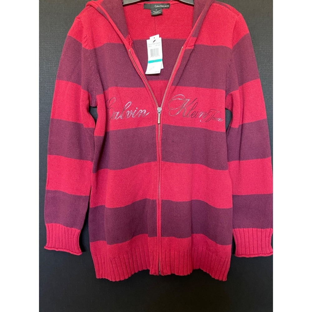 Calvin Klein Jeans Hoodie Womens XL Pink Red Striped Zip Up Sweater New With Tag